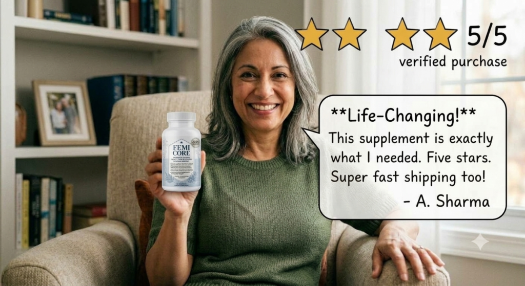 alt="FemiCore Customer Review - Happy Verified Buyer Holding Bottle with 5-Star Testimonial"
